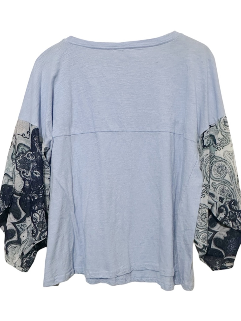 Umgee Paisley Balloon Sleeve Slub Knit Boho Top Blue Cotton Peasant Medium - Picture 4 of 6